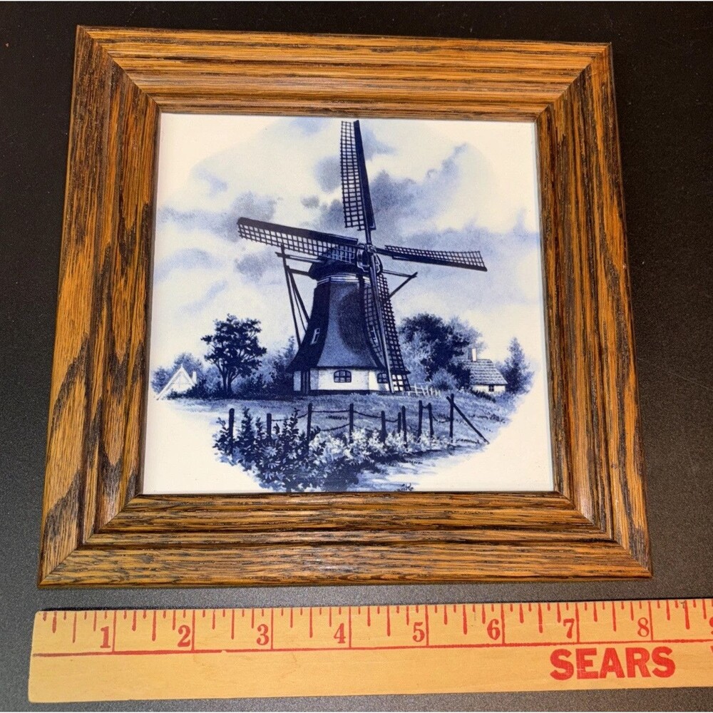 Delft Tile Classic Glazed Blue & White Windmill Scene Hardwood Framed Holland